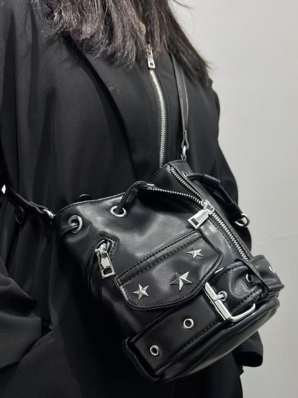 Gothic Y2K Black Leather Bucket Bag | Punk Star Studded Moto Crossbody Purse